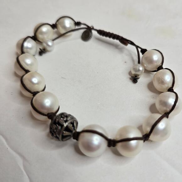 Silpada Vintage Sterling Silver & Genuine Large Pearls Brown Corded Bracelet - Picture 3 of 9